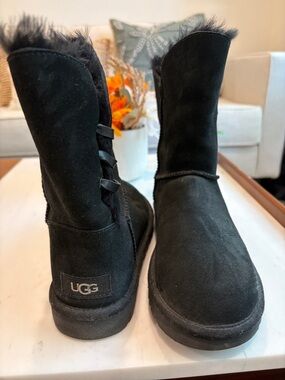 UGG Black Suede Mid-Calf Shearling-Trim Boots